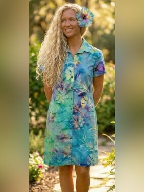 Caribbean Joe Vintage Watercolor Batik Button-Front Midi S/S Shirt Dress M